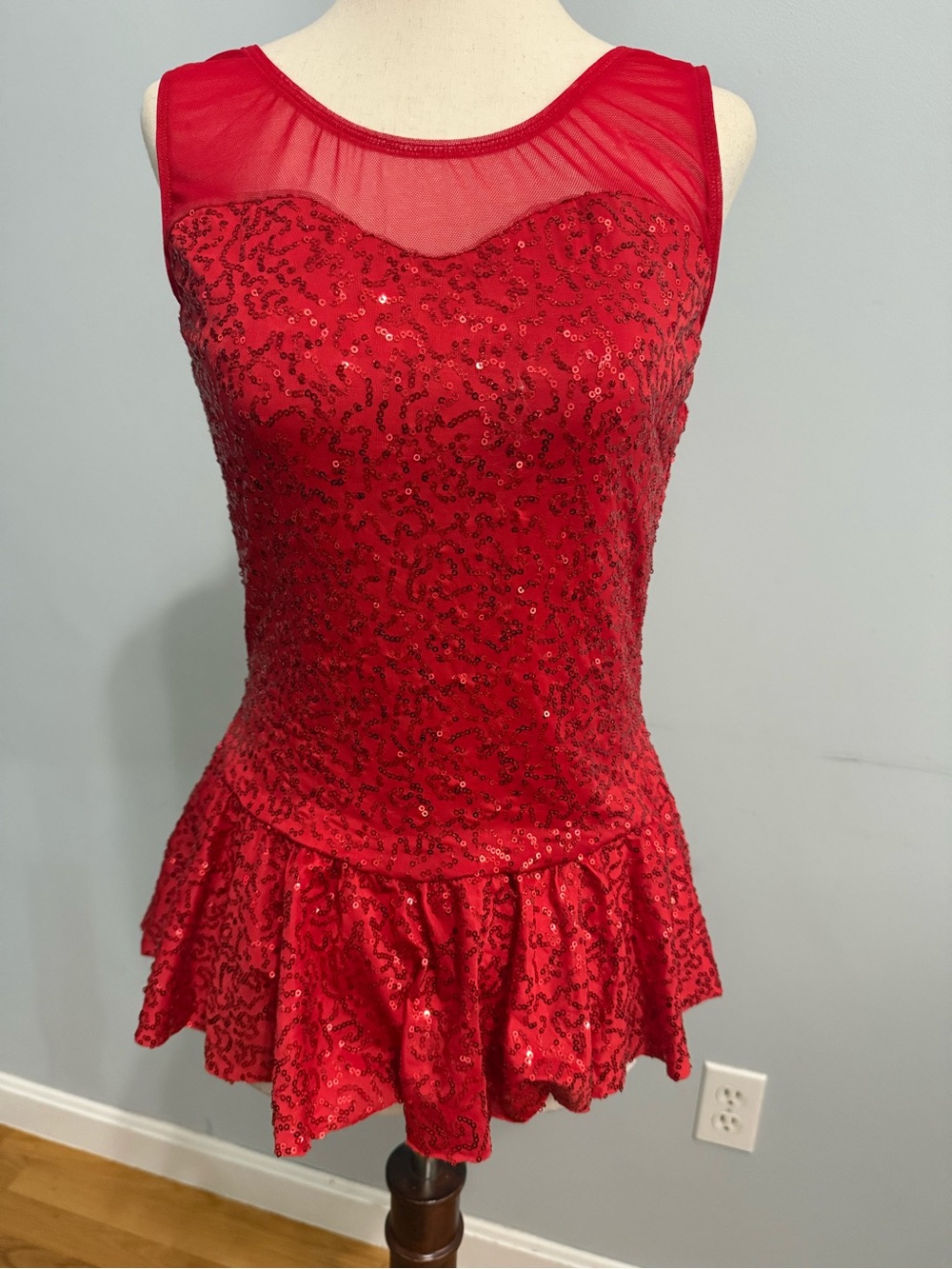 Red Sequin Dance top with Sheer Yoke
